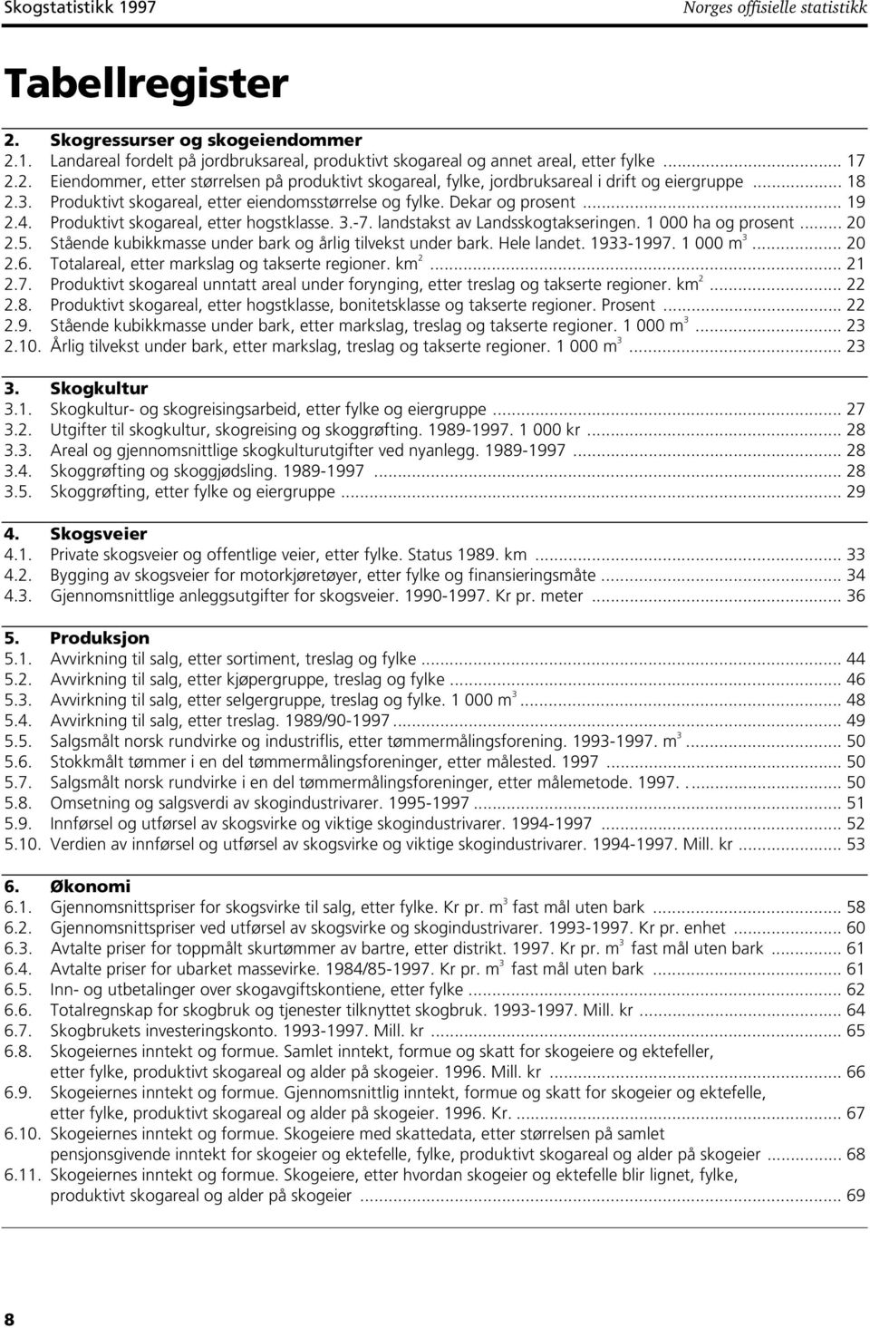 5. Stående kubikkmasse under bark og årlig tilvekst under bark. Hele landet. 933-997. 000 m 3... 20 2.6. Totalareal, etter markslag og takserte regioner. km 2... 2 2.7. Produktivt skogareal unntatt areal under forynging, etter treslag og takserte regioner.