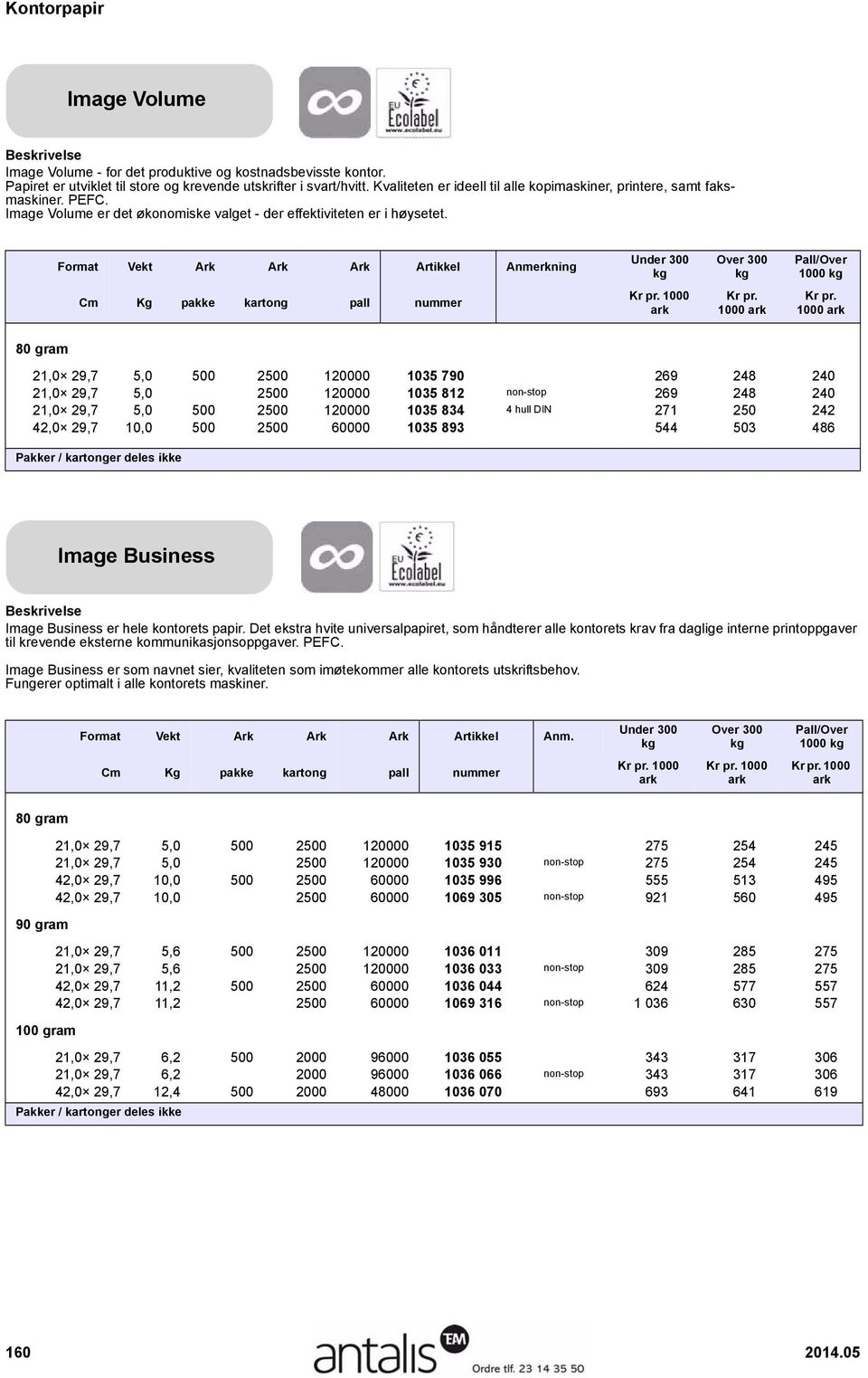 Format Vekt Ark Ark Ark Artikkel Anmerkning nder 300 Over 300 Cm Kg pakke kartong pall nummer Kr pr. 1000 Kr pr.
