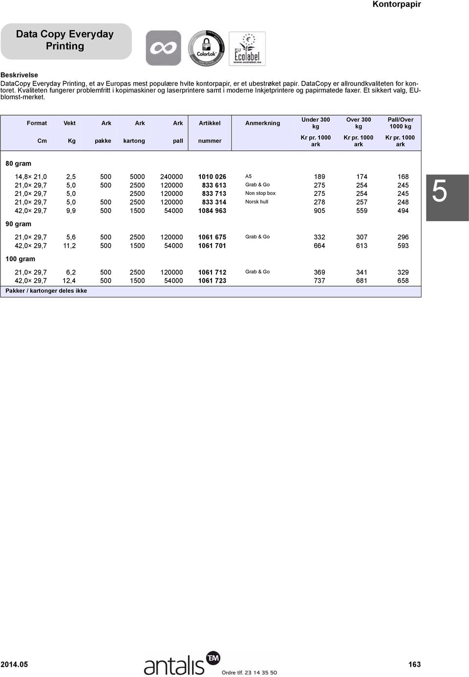 Slanger Format Vekt Ark Ark Ark Artikkel Anmerkning nder 300 Over 300 Cm Kg pakke kartong pall nummer 14,8 21,0 2,5 500 5000 240000 1010 026 A5 189 174 168 21,0 29,7 5,0 500 2500 120000 833 613 Grab
