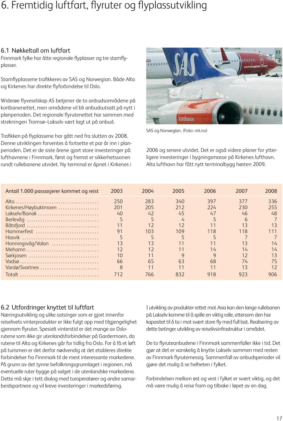 Det regionale flyrutenettet har sammen med strekningen Tromsø Lakselv vært lagt ut på anbud. Trafikken på flyplassene har gått ned fra slutten av 2008.
