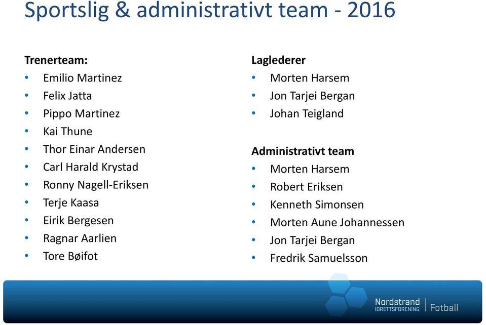 Aarlien Tore Bøifot Laglederer Morten Harsem Jon Tarjei Bergan Johan Teigland Administrativt team