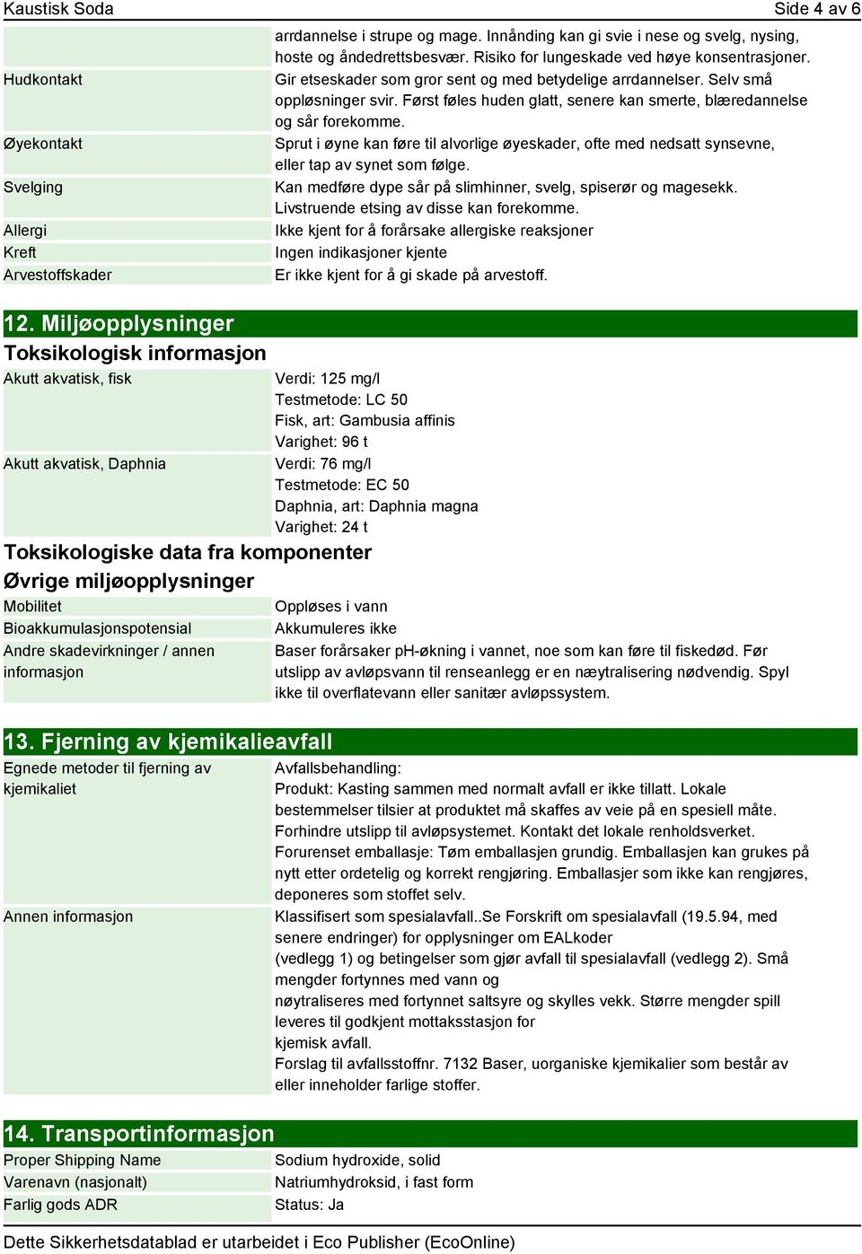 Risiko for lungeskade ved høye konsentrasjoner. Gir etseskader som gror sent og med betydelige arrdannelser. Selv små oppløsninger svir.