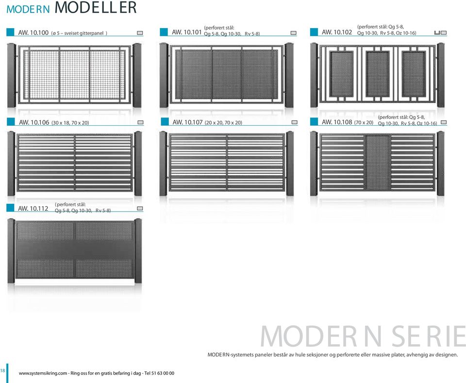 10.112 (perforert stål: Qg 5-8, Qg 10-30, Rv 5-8) MODER N SE RIE MODERN-systemets paneler består av hule seksjoner og