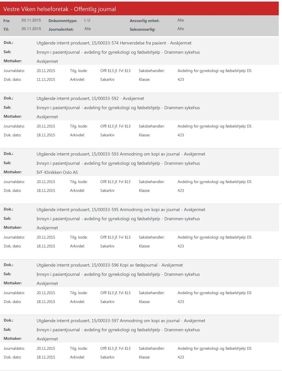 11.2015 Arkivdel: Sakarkiv tgående internt produsert, 15/00033-592 - Innsyn i pasientjournal - avdeling for gynekologi og fødselshjelp - Drammen sykehus Avdeling for gynekologi og fødselshjelp DS