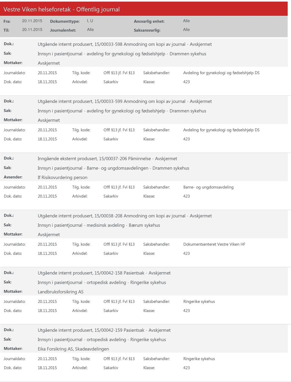 DS Inngående eksternt produsert, 15/00037-206 Påminnelse - Innsyn i pasientjournal - Barne- og ungdomsavdelingen - Drammen sykehus If Risikovurdering person Barne- og ungdomsavdeling Dok.