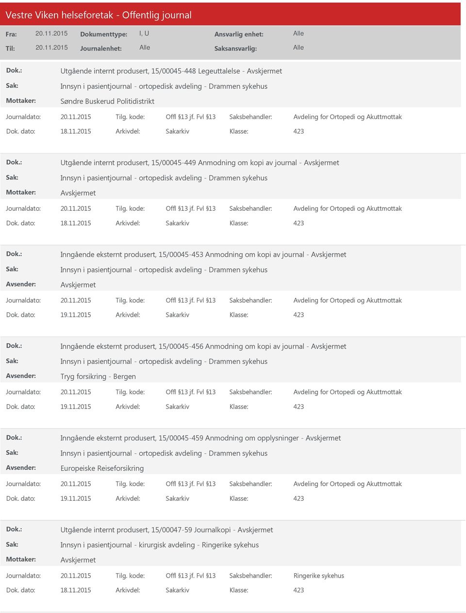 15/00045-453 Anmodning om kopi av journal - Innsyn i pasientjournal - ortopedisk avdeling - Drammen sykehus Avdeling for Ortopedi og Akuttmottak Dok. dato: 19.11.