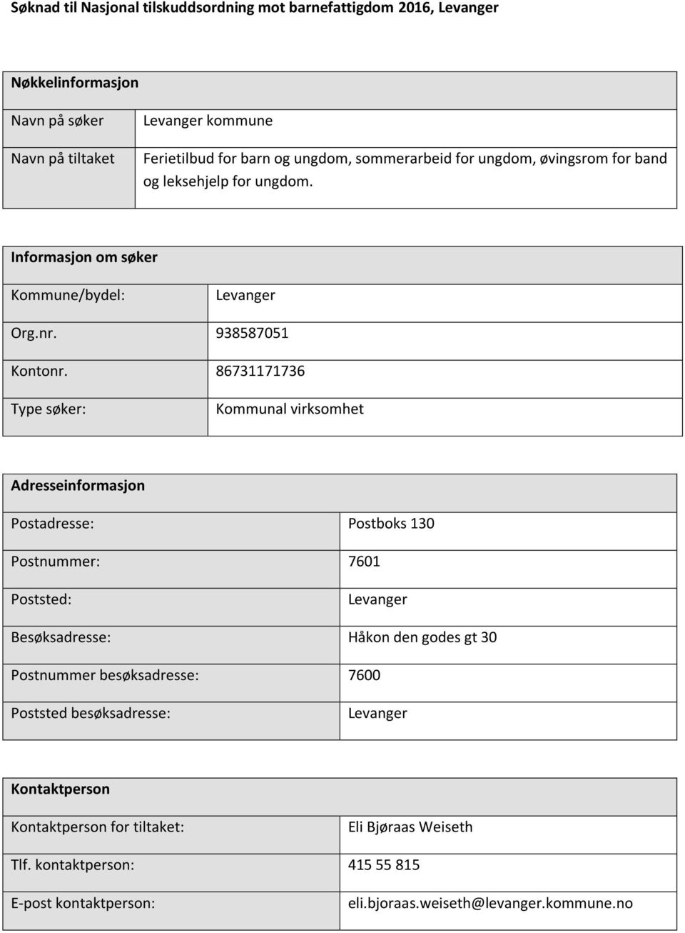 86731171736 Type søker: Kommunal virksomhet Adresseinformasjon Postadresse: Postboks 130 Postnummer: 7601 Poststed: Levanger Besøksadresse: Håkon den godes gt 30 Postnummer