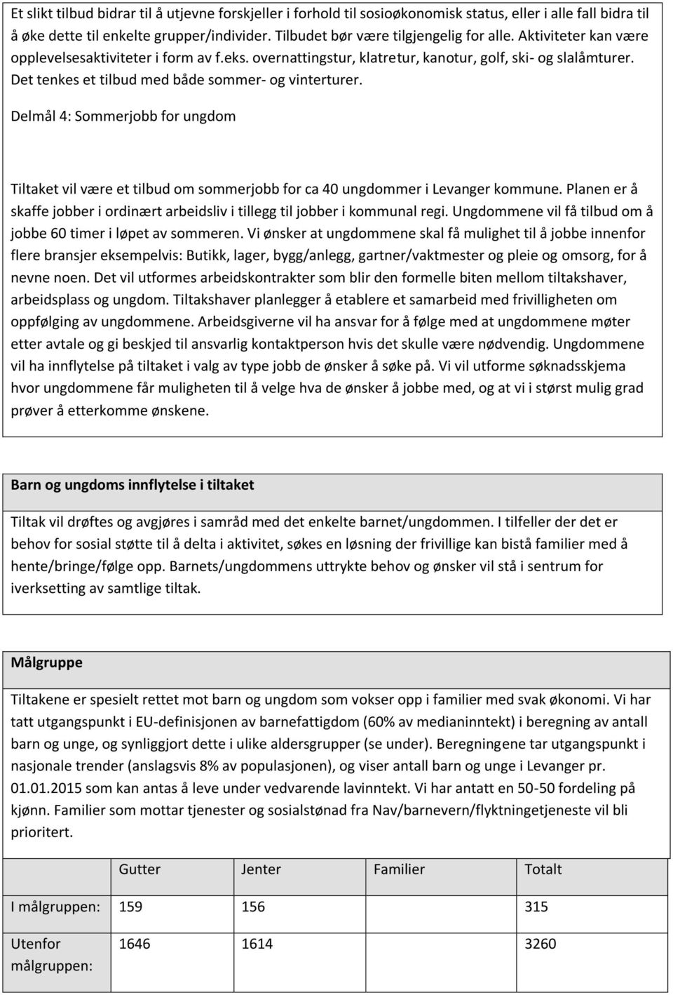 Delmål 4: Sommerjobb for ungdom Tiltaket vil være et tilbud om sommerjobb for ca 40 ungdommer i Levanger kommune. Planen er å skaffe jobber i ordinært arbeidsliv i tillegg til jobber i kommunal regi.