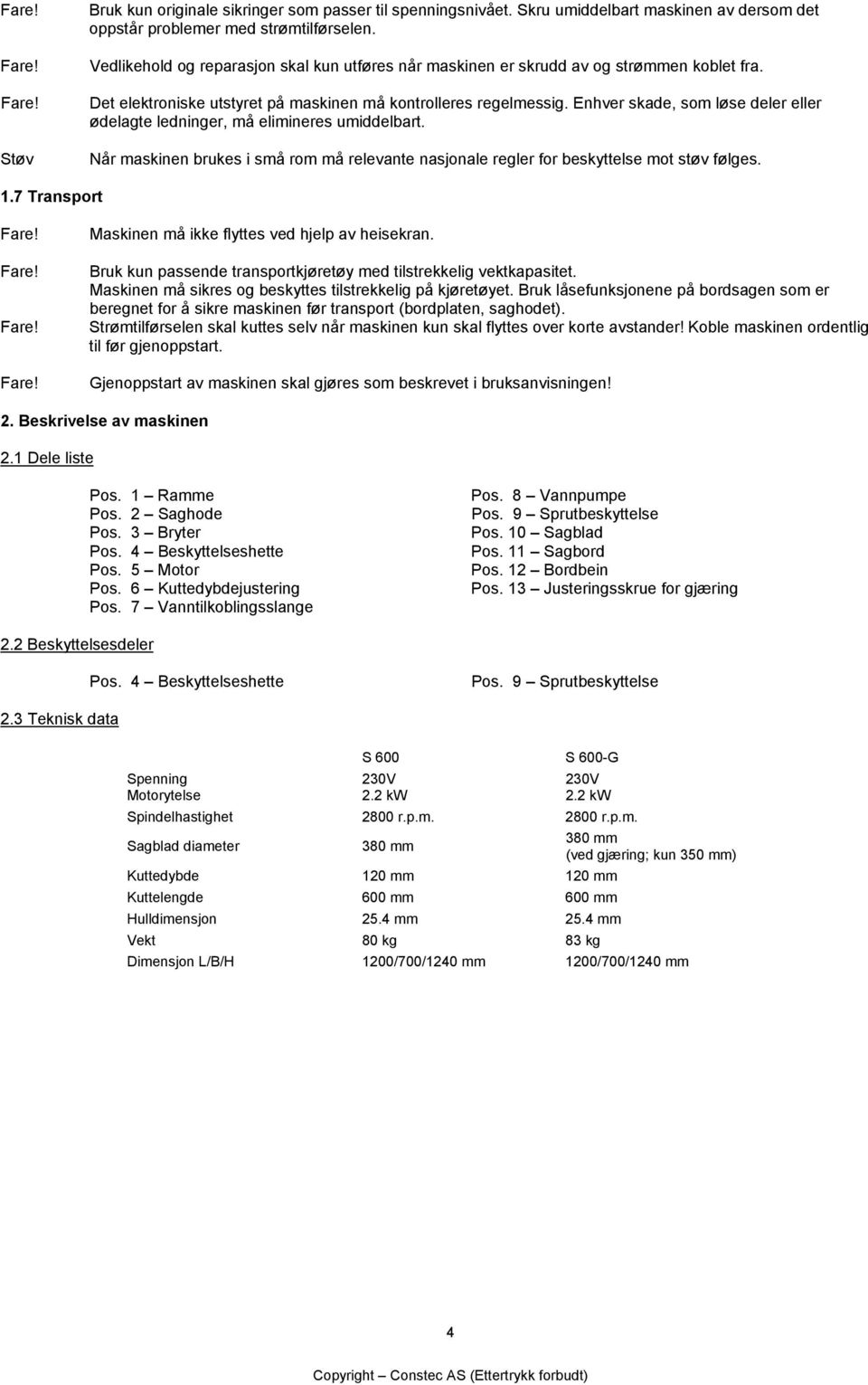 Enhver skade, som løse deler eller ødelagte ledninger, må elimineres umiddelbart. Når maskinen brukes i små rom må relevante nasjonale regler for beskyttelse mot støv følges. 1.