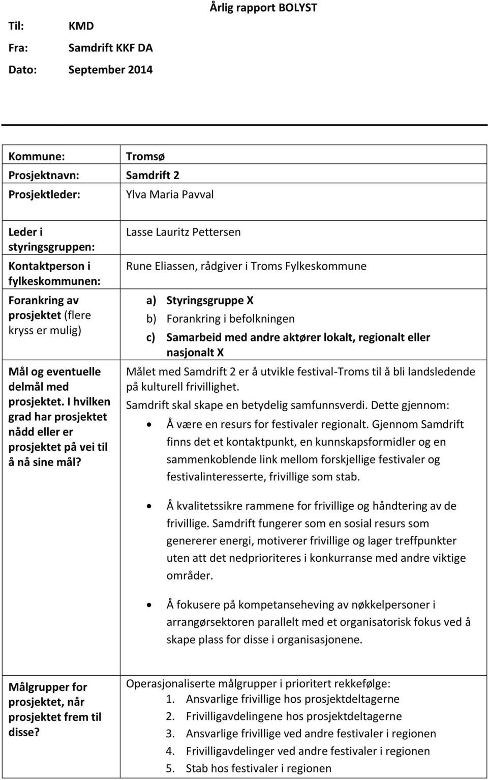 Lasse Lauritz Pettersen Rune Eliassen, rådgiver i Troms Fylkeskommune a) Styringsgruppe X b) Forankring i befolkningen c) Samarbeid med andre aktører lokalt, regionalt eller nasjonalt X Målet med