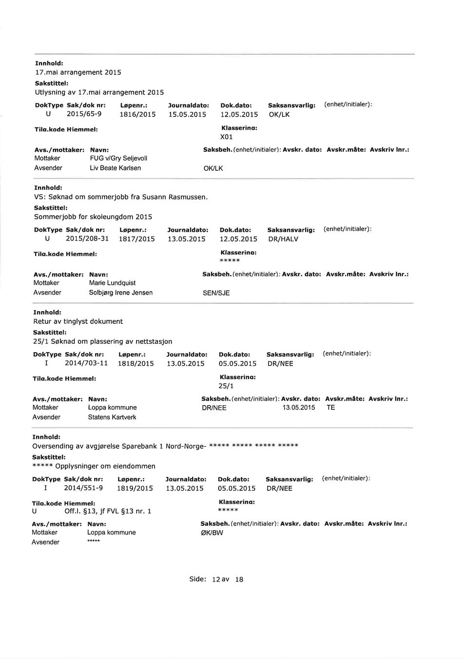 Lndqist Solbjøg lene Jensen Ret av tinglyst dokment 25/t Søknad om plasse ng av nettstasjon,onaldato: 13.05.2015 I 2074/703-tL 1818/2015 13,05.2015 Statens Katvek 12.05,2015 x01 OKlLK Saksbeh.