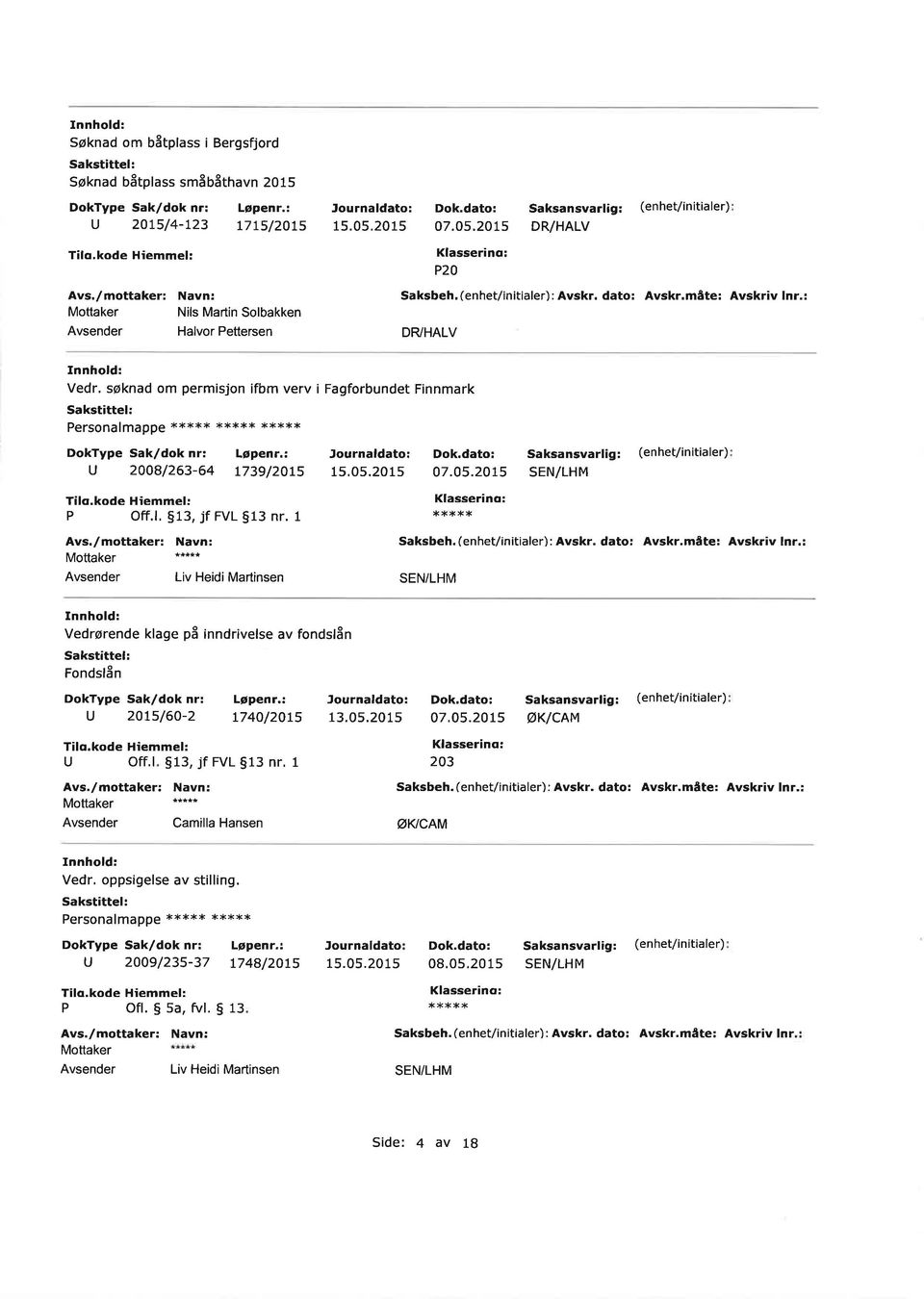 (enhet/initiale): Avsk. dato: Avsk.måte: Avskiv ln.: **+** Liv Heidi Matinsen Vedøende klage på inndivelse av fondslån Fondslån 20ts/60-2 Løpen.