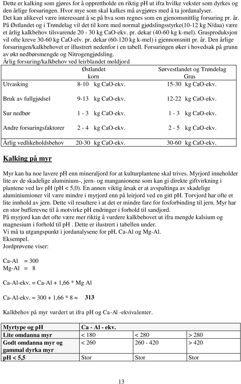 På Østlandet og i Trøndelag vil det til korn med normal gjødslingsstyrke(10-12 kg N/daa) være et årlig kalkbehov tilsvarende 20-30 kg CaO-ekv. pr. dekar (40-60 kg k-mel).