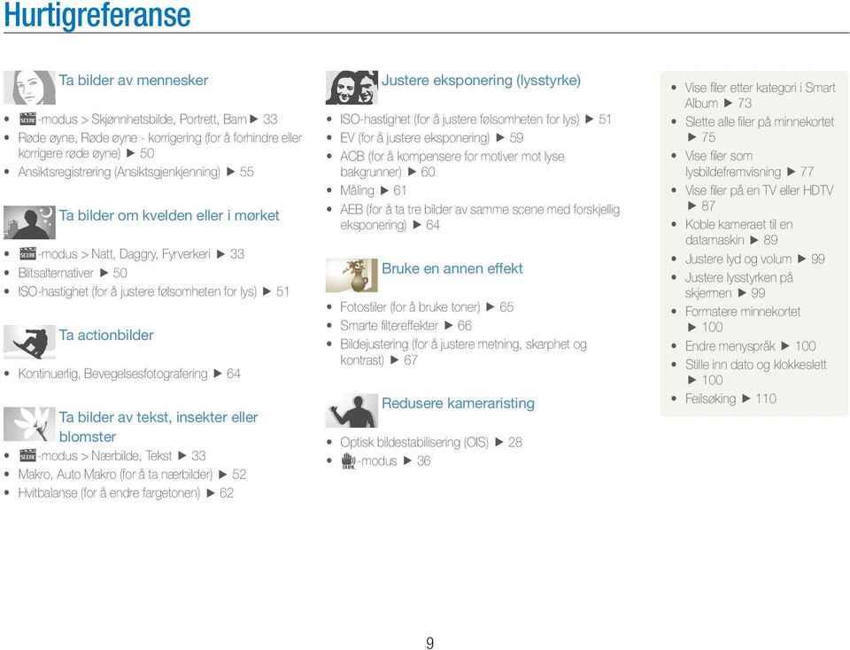 Kontinuerlig, Bevegelsesfotografering 64 Ta bilder av tekst, insekter eller blomster s-modus > Nærbilde, Tekst 33 Makro, Auto Makro (for å ta nærbilder) 52 Hvitbalanse (for å endre fargetonen) 62