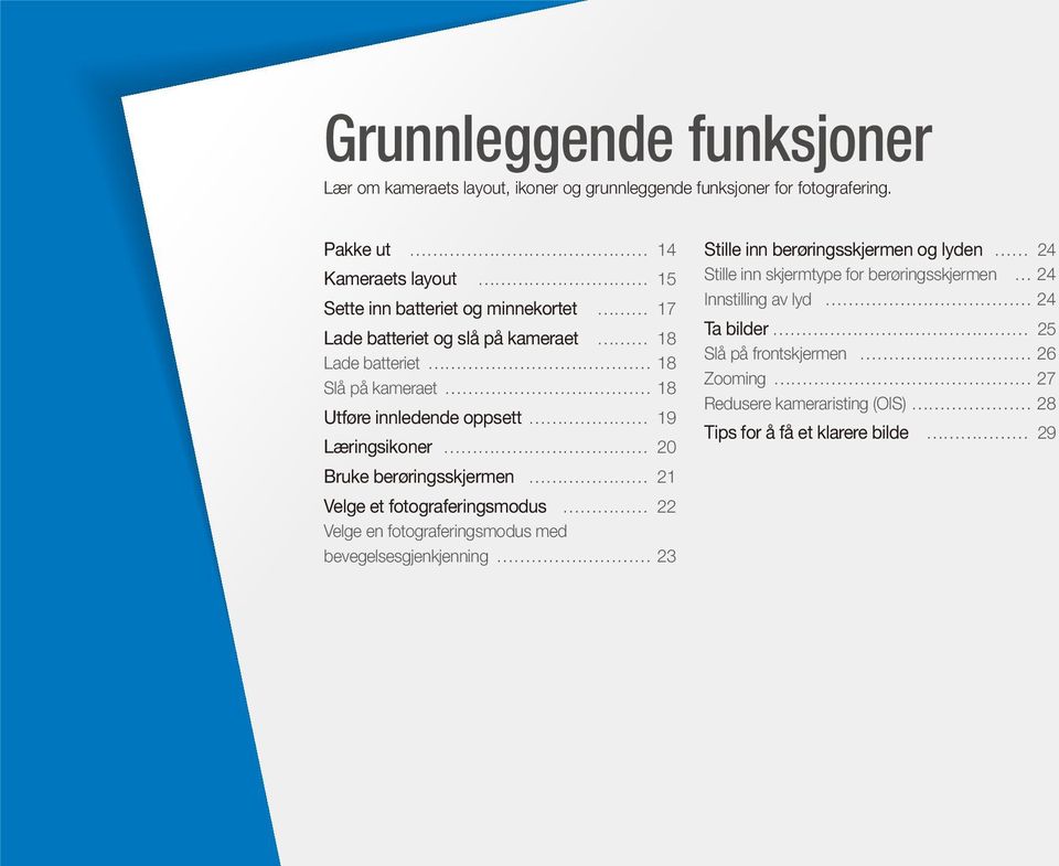 innledende oppsett 19 Læringsikoner 20 Bruke berøringsskjermen 21 Velge et fotograferingsmodus 22 Velge en fotograferingsmodus med bevegelsesgjenkjenning 23