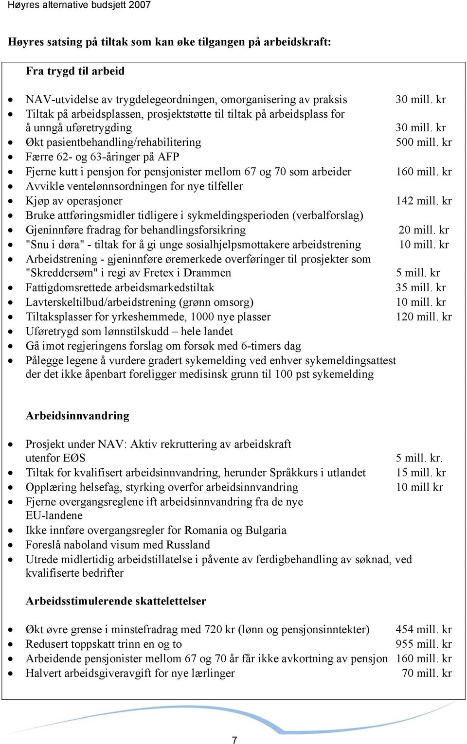 kr Færre 62- og 63-åringer på AFP Fjerne kutt i pensjon for pensjonister mellom 67 og 70 som arbeider 160 mill. kr Avvikle ventelønnsordningen for nye tilfeller Kjøp av operasjoner 142 mill.