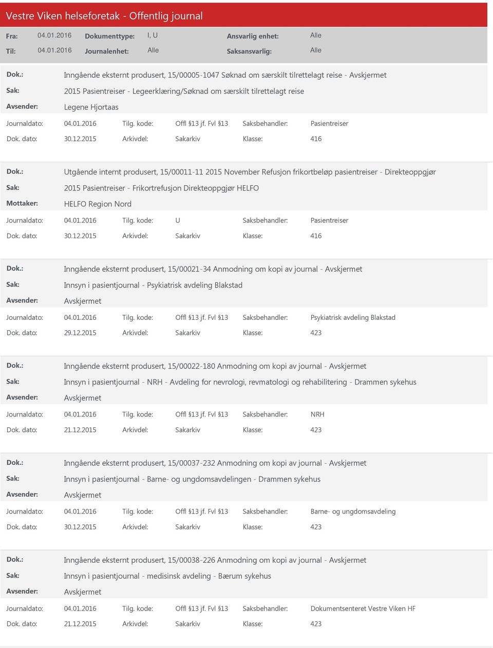 Inngående eksternt produsert, 15/00021-34 Anmodning om kopi av journal - Innsyn i pasientjournal - Psykiatrisk avdeling Blakstad Psykiatrisk avdeling Blakstad Dok. dato: 29.12.