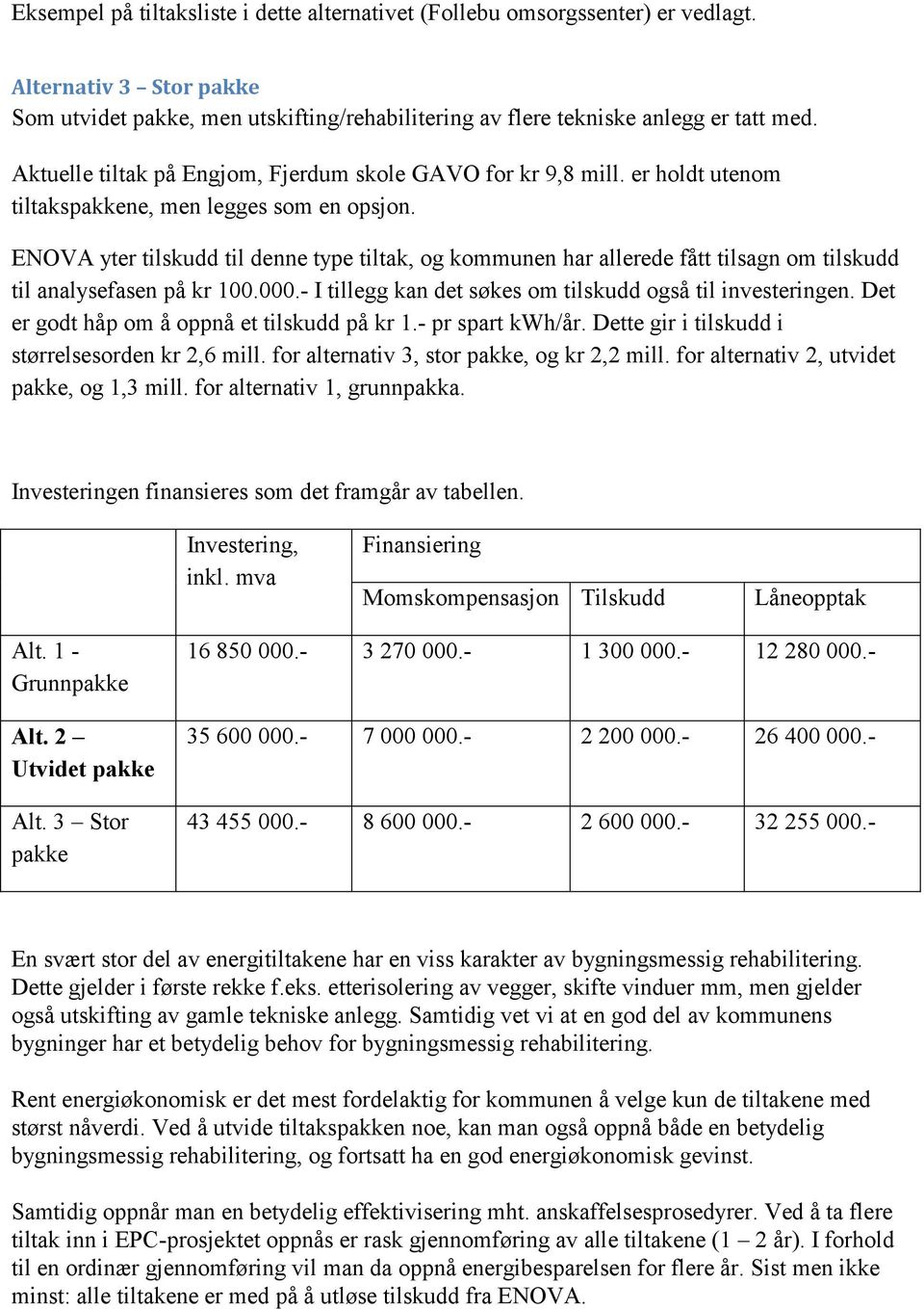 ENOVA yter tilskudd til denne type tiltak, og kommunen har allerede fått tilsagn om tilskudd til analysefasen på kr 100.000.- I tillegg kan det søkes om tilskudd også til investeringen.