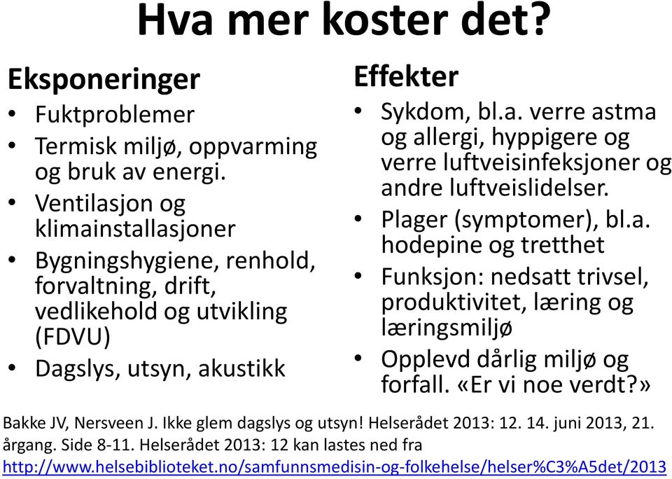 Plager (symptomer), bl.a. hodepine og tretthet Funksjon: nedsatt trivsel, produktivitet, læring og læringsmiljø Opplevd dårlig miljø og forfall. «Er vi noe verdt?» Bakke JV, Nersveen J.