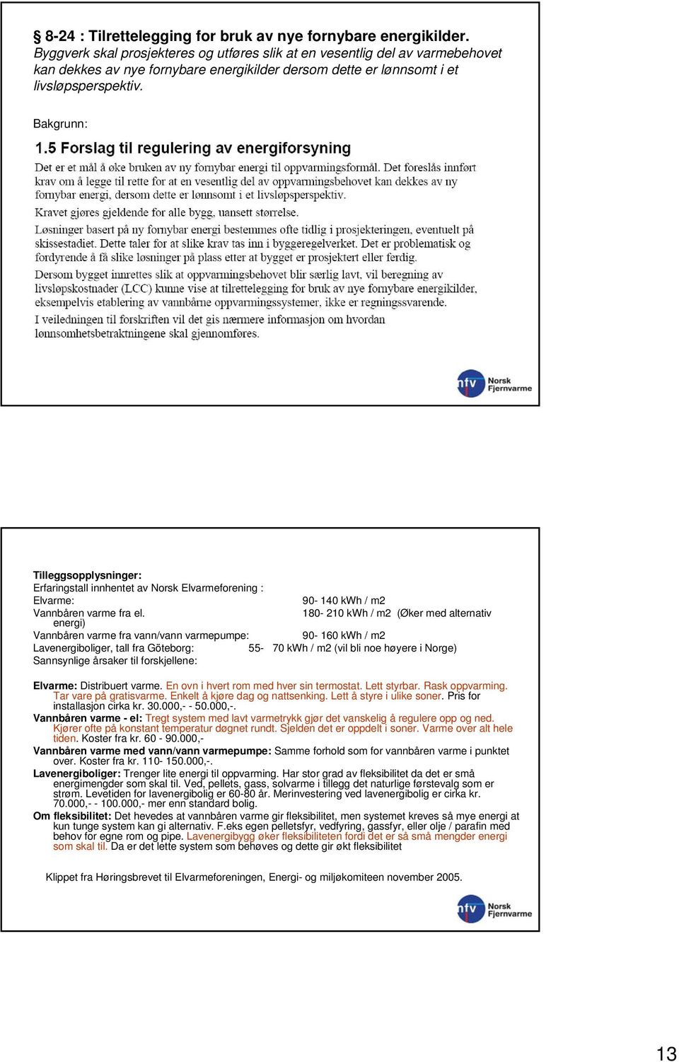 Bakgrunn: Tilleggsopplysninger: Erfaringstall innhentet av Norsk Elvarmeforening : Elvarme: 90-140 kwh / m2 Vannbåren varme fra el.
