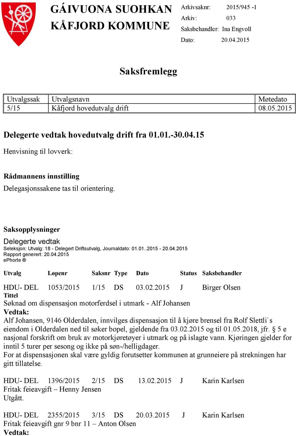 Saksopplysninger Delegerte vedtak Seleksjon: Utvalg: 18 - Delegert Driftsutvalg, Journaldato: 01.01..2015-20.04.