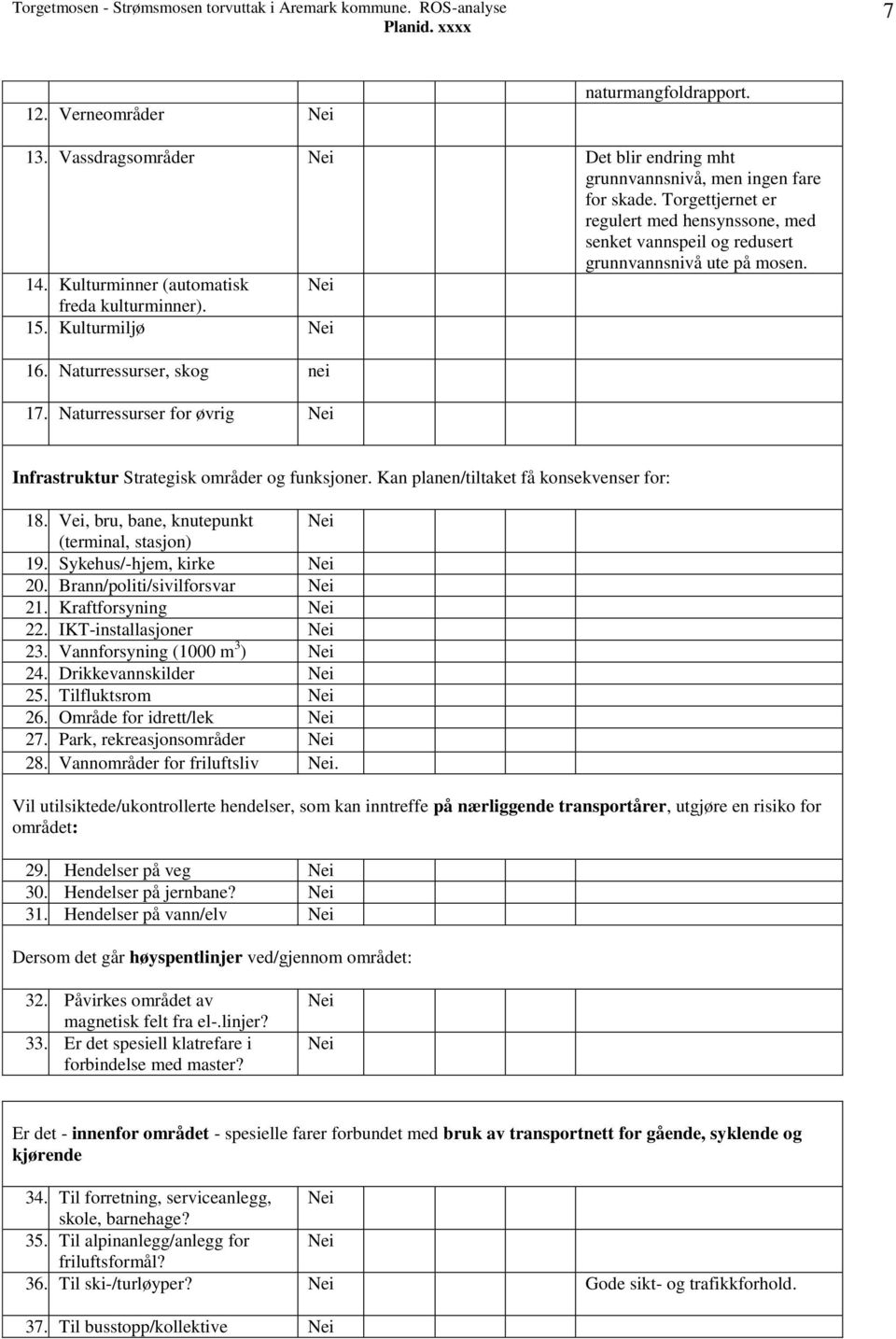 Naturressurser, skog nei 17. Naturressurser for øvrig Infrastruktur Strategisk områder og funksjoner. Kan planen/tiltaket få konsekvenser for: 18. Vei, bru, bane, knutepunkt (terminal, stasjon) 19.