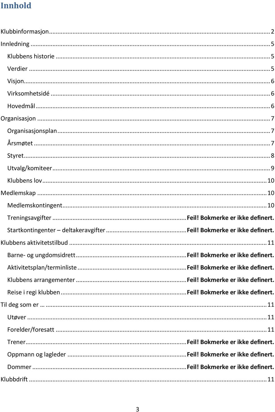 .. 11 Barne- og ungdomsidrett... Feil! Bokmerke er ikke definert. Aktivitetsplan/terminliste... Feil! Bokmerke er ikke definert. Klubbens arrangementer... Feil! Bokmerke er ikke definert. Reise i regi klubben.