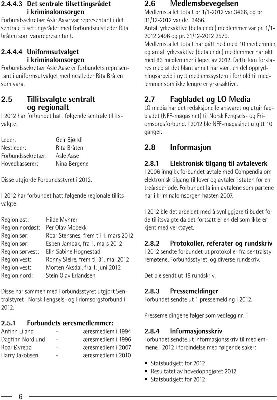 Disse utgjorde Forbundsstyret i 2012. I 2012 har forbundet hatt følgende regionale tillitsvalgte: Region øst: Hilde Myhrer Region nordøst: Per Olav Mobekk Region sør: Roar Stensnes, frem til 1.