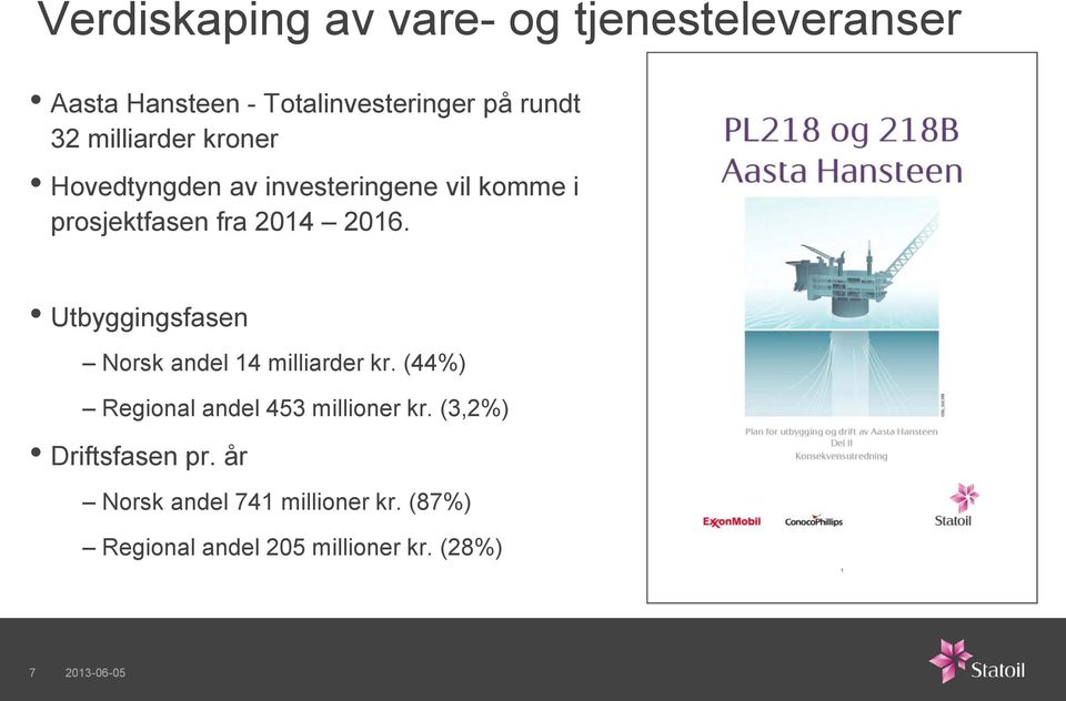 Utbyggingsfasen Norsk andel 14 milliarder kr. (44%) Regional andel 453 millioner kr.