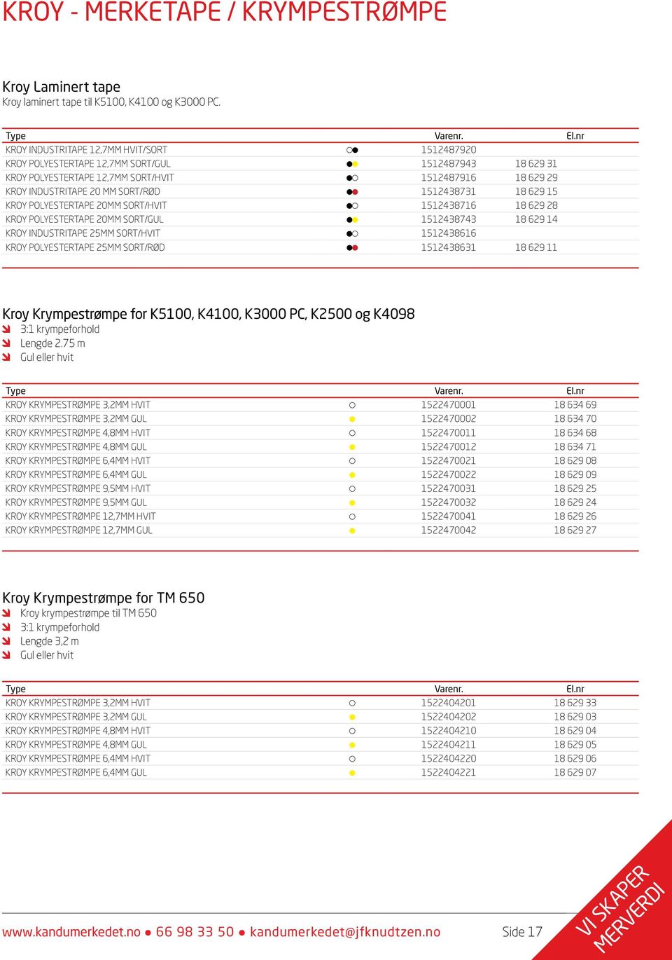 1512438731 18 629 15 KROY POLYESTERTAPE 20MM SORT/HVIT 1512438716 18 629 28 KROY POLYESTERTAPE 20MM SORT/GUL 1512438743 18 629 14 KROY INDUSTRITAPE 25MM SORT/HVIT 1512438616 KROY POLYESTERTAPE 25MM