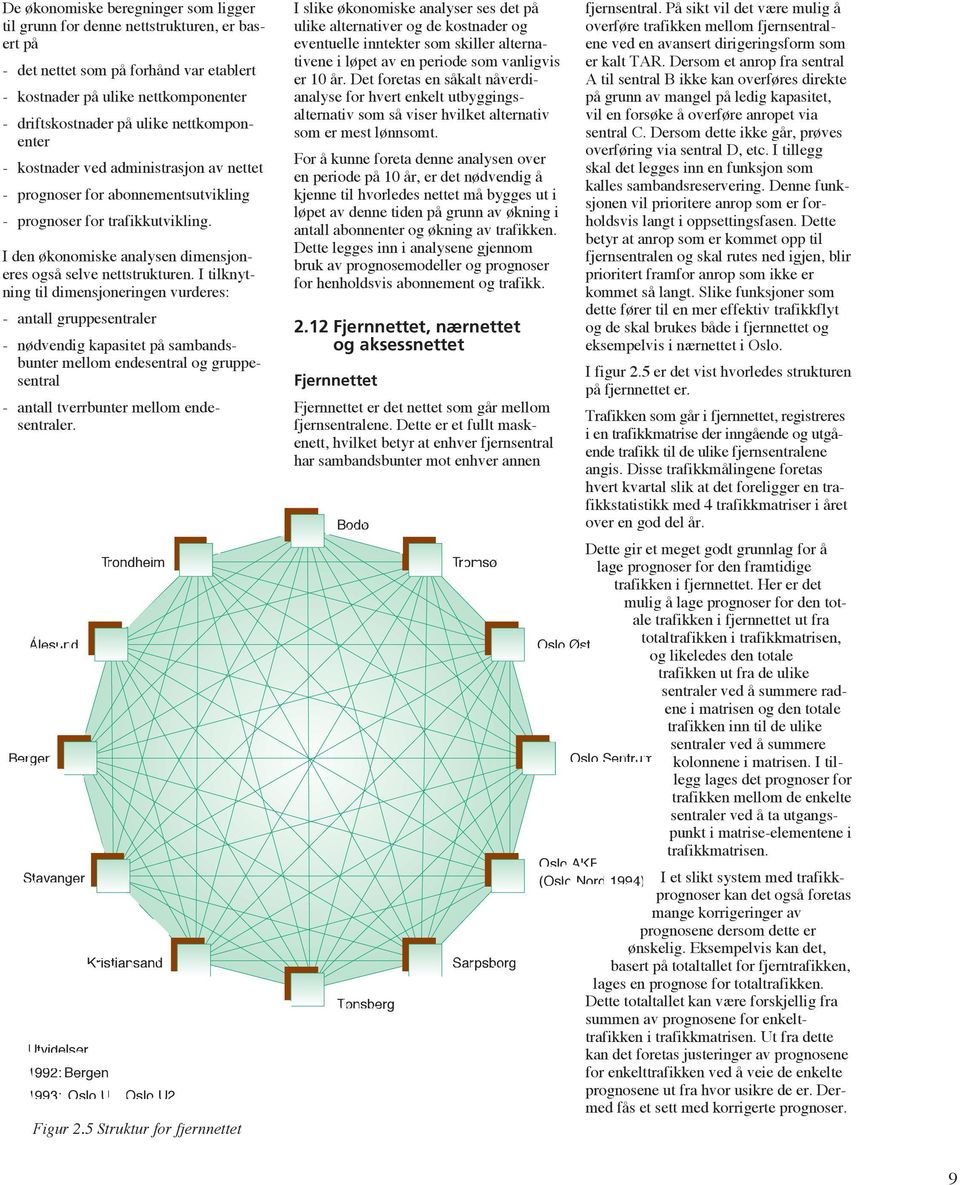 I tilknytning til dimensjoneringen vurderes: - antall gruppesentraler - nødvendig kapasitet på sambandsbunter mellom endesentral og gruppesentral - antall tverrbunter mellom endesentraler.