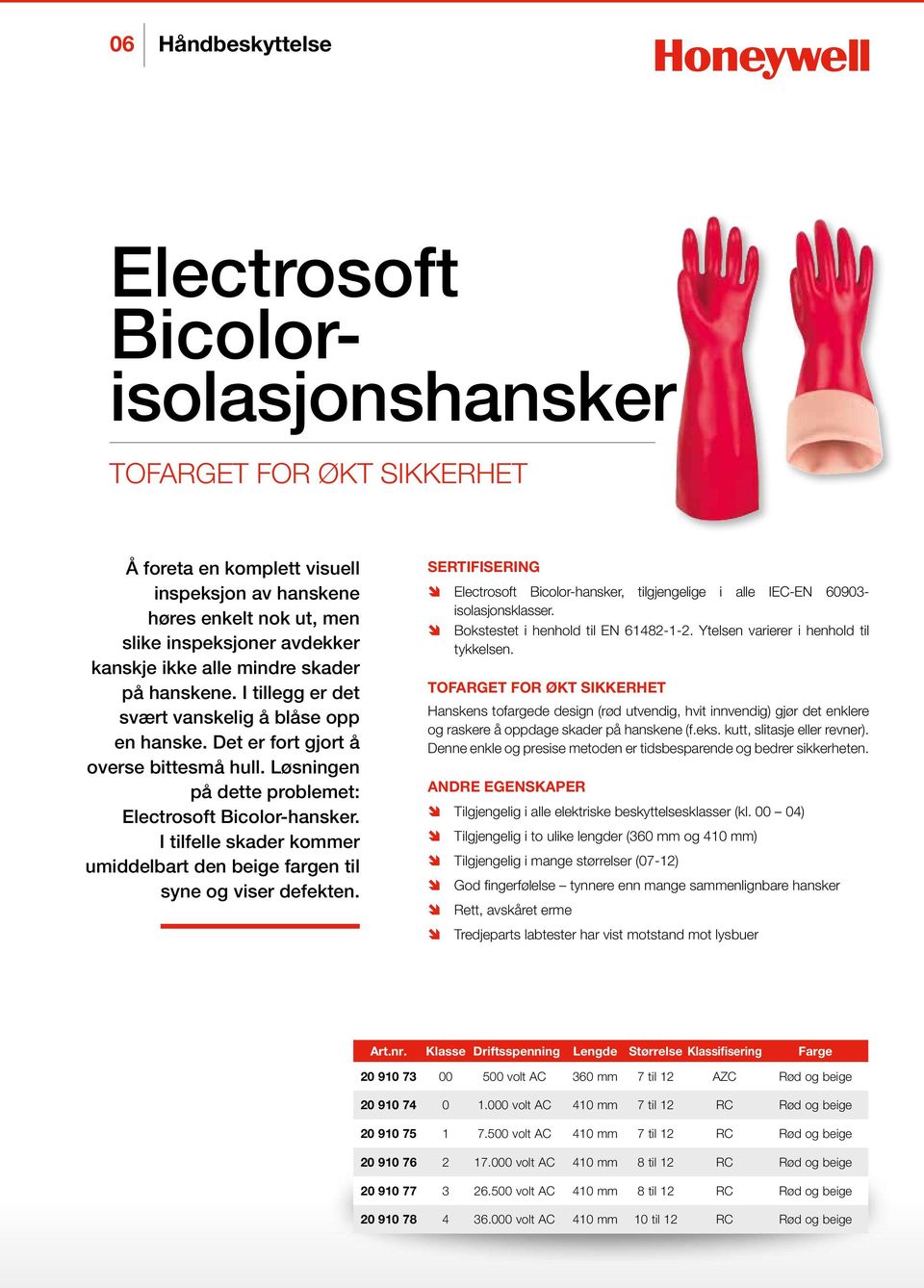 I tilfelle skader kommer umiddelbart den beige fargen til syne og viser defekten. SERTIFISERING Electrosoft Bicolor-hansker, tilgjengelige i alle IEC-EN 60903- isolasjonsklasser.