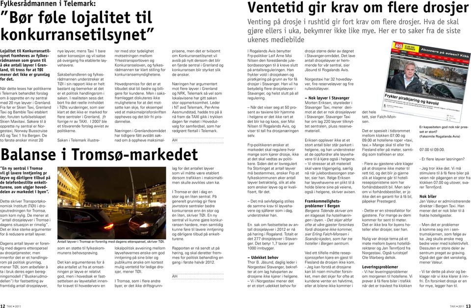 Her er to saker fra de siste ukenes mediebilde Lojalitet til Konkurransetilsynet framheves av fylkesrådmannen som grunn til å øke antall løyver i Grenland, til tross for at TØI mener det ikke er