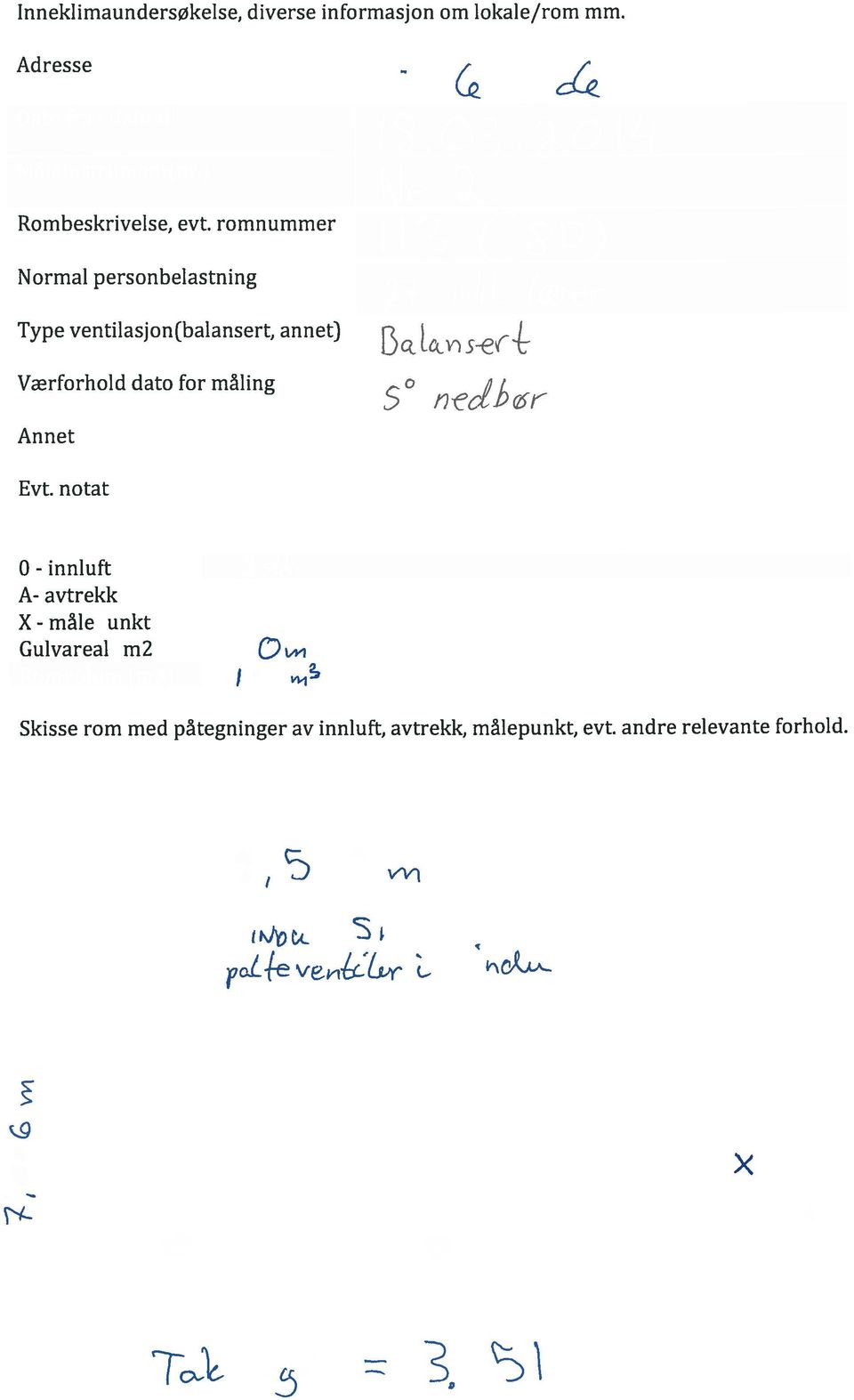 romnummer ormal personbelastning Type ventilasjon(balansert, annet) 0) )( rer Værforhold dato for måling Annet 5