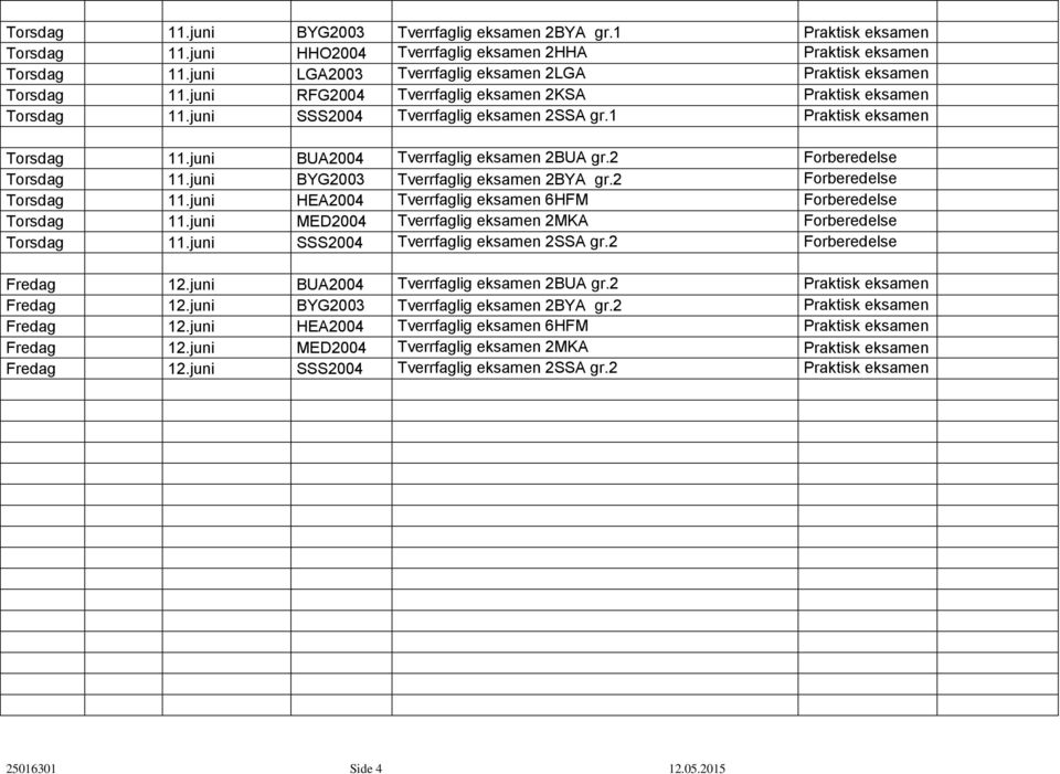 1 Praktisk eksamen Torsdag 11.juni BUA2004 Tverrfaglig eksamen 2BUA gr.2 Forberedelse Torsdag 11.juni BYG2003 Tverrfaglig eksamen 2BYA gr.2 Forberedelse Torsdag 11.juni HEA2004 Tverrfaglig eksamen 6HFM Forberedelse Torsdag 11.