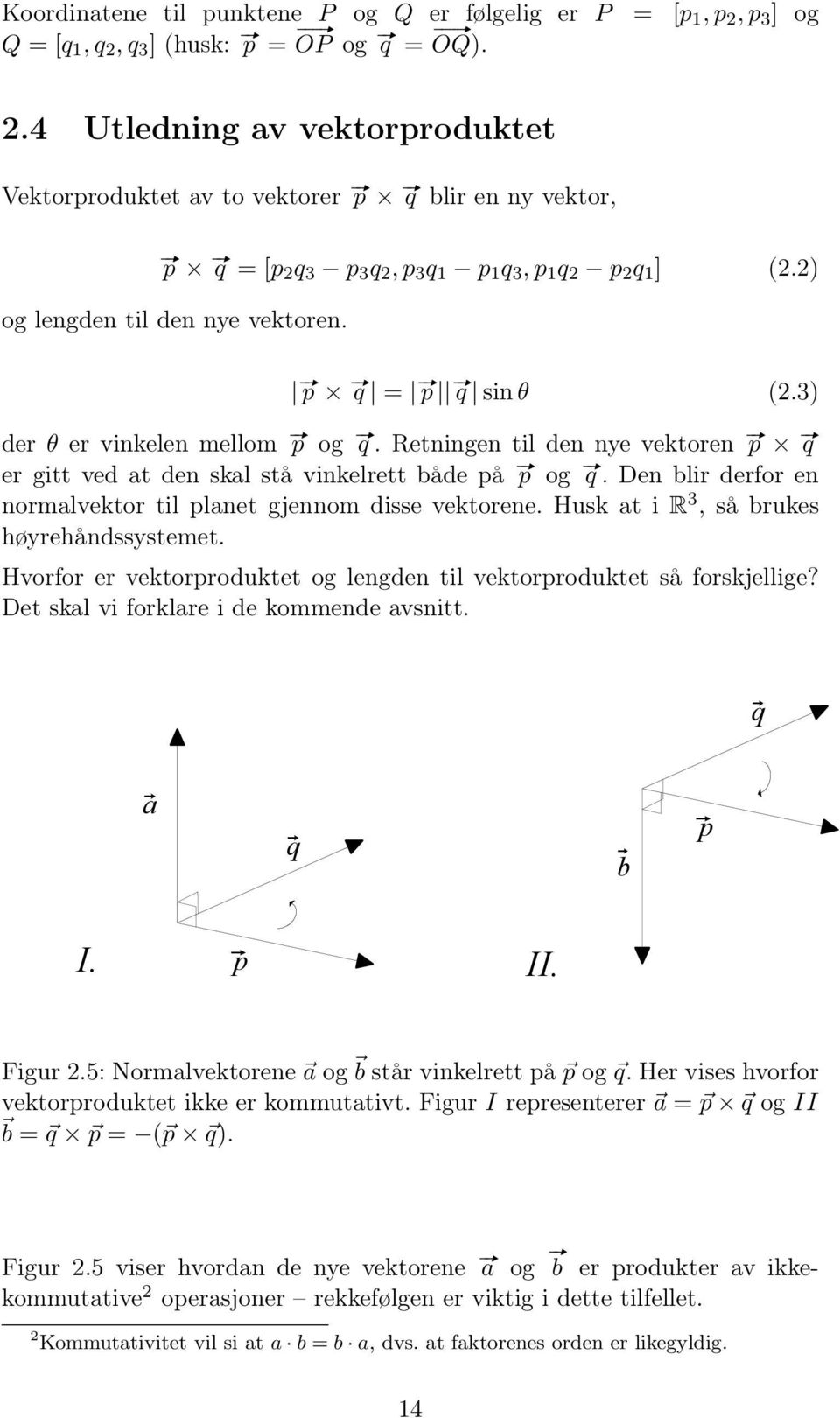 # p # q = # p # q sin θ (2.3) der θ er vinkelen mellom # p og # q. Retningen til den nye vektoren # p # q er gitt ved at den skal stå vinkelrett både på # p og # q.