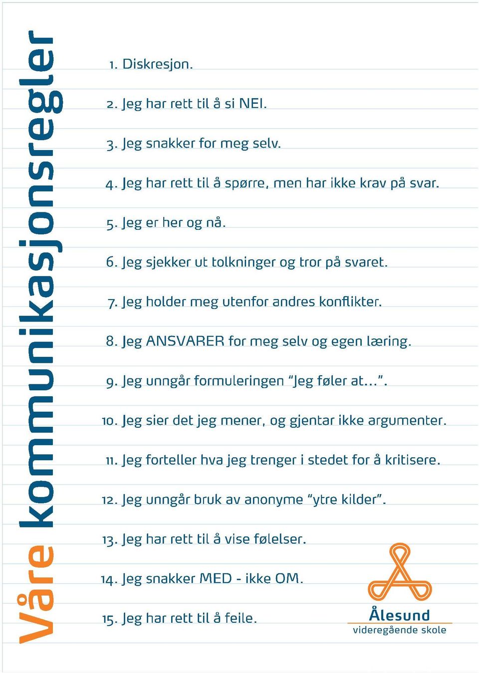 Jeg holder meg utenfor andres konflikter. 8. Jeg ANSVARER for meg selv og egen læring. 9. Jeg unngår formuleringen Jeg føler at.... 10.