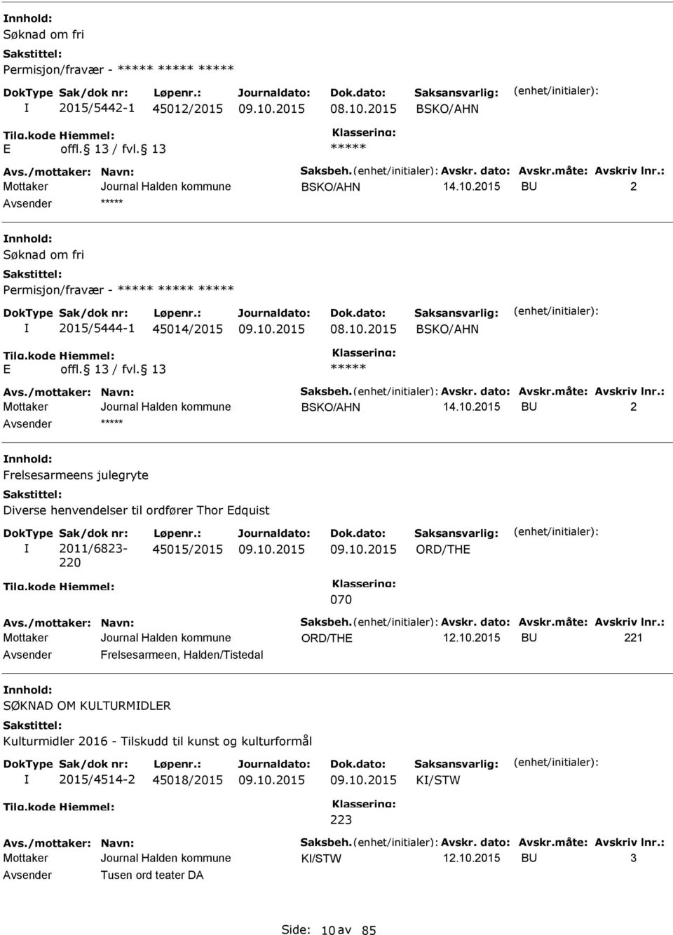 2015 BSKO/AHN BSKO/AHN BU 2 nnhold: Frelsesarmeens julegryte Diverse henvendelser til ordfører Thor dquist Sak/dok nr: 2011/6823-220