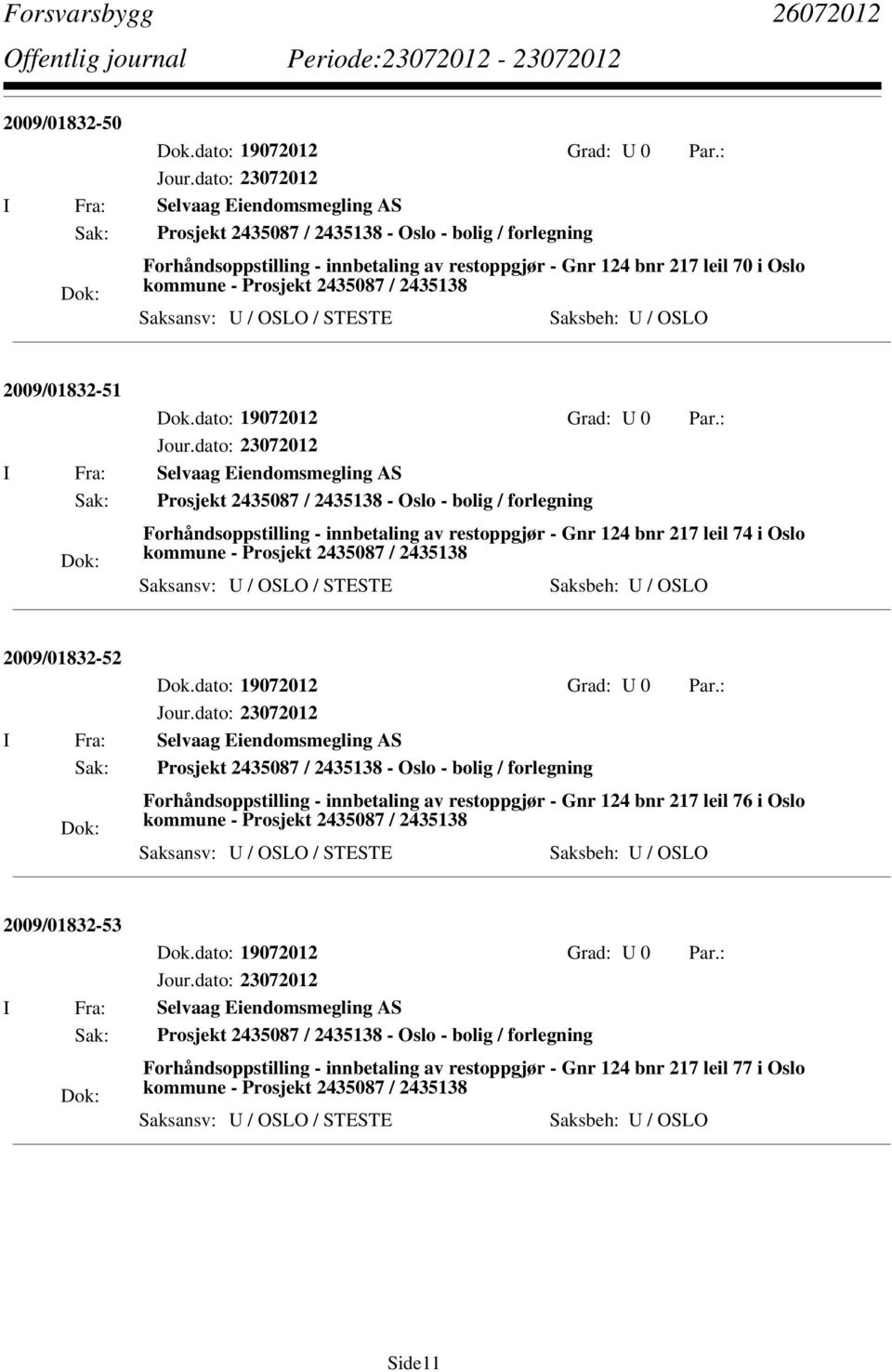 2009/01832-52 Forhåndsoppstilling - innbetaling av restoppgjør - Gnr 124 bnr 217 leil 76 i Oslo