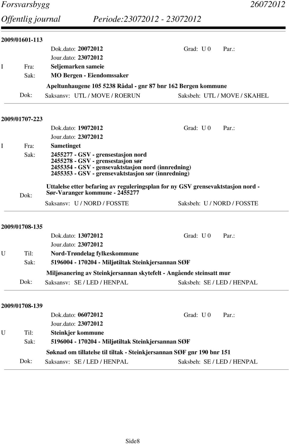 Fra: Sametinget Sak: 2455277 - GSV - grensestasjon nord 2455278 - GSV - grensestasjon sør 2455354 - GSV - gensevaktstasjon nord (innredning) 2455353 - GSV - grensevaktstasjon sør (innredning)