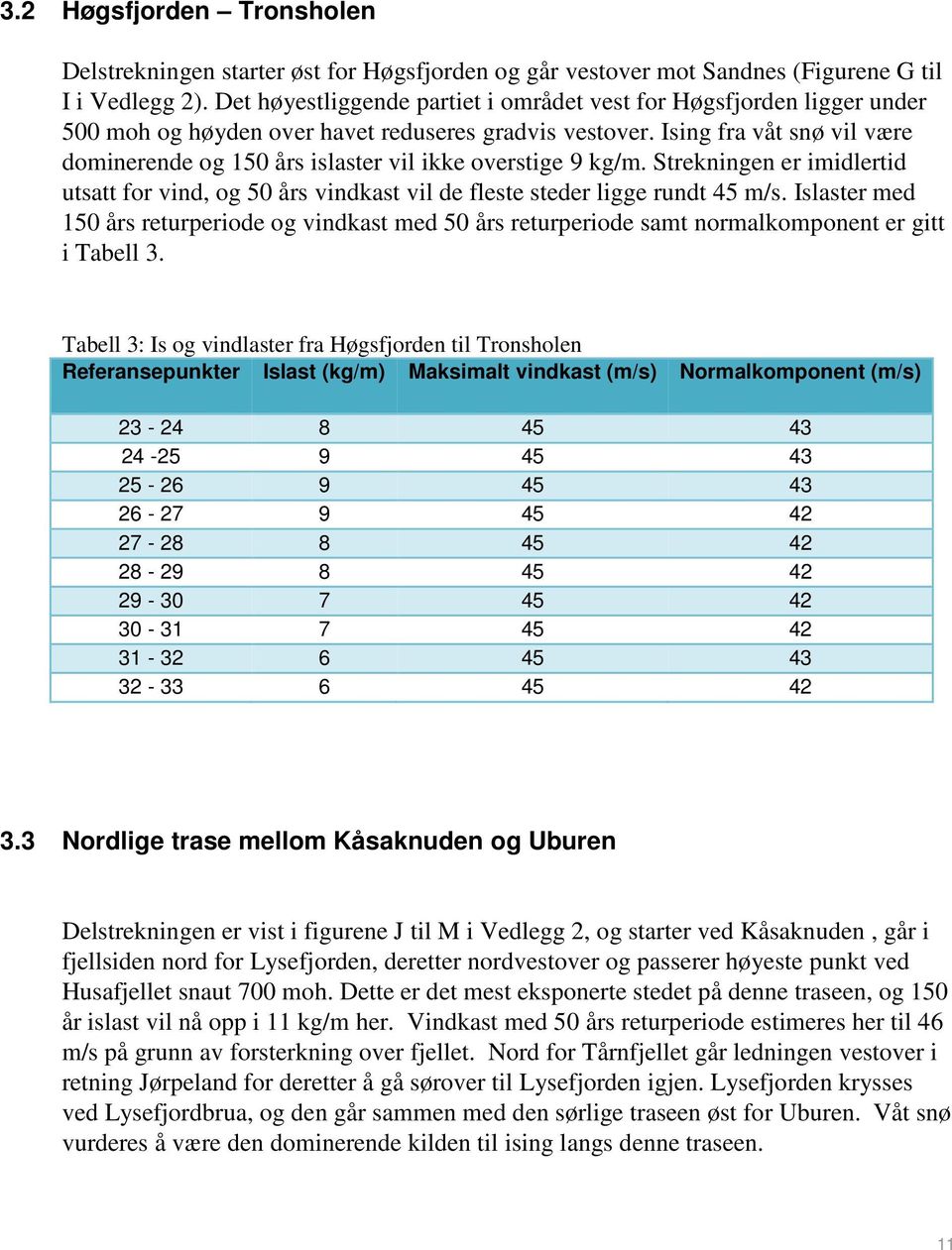 Ising fra våt snø vil være dominerende og 150 års islaster vil ikke overstige 9 kg/m. Strekningen er imidlertid utsatt for vind, og 50 års vindkast vil de fleste steder ligge rundt 45 m/s.