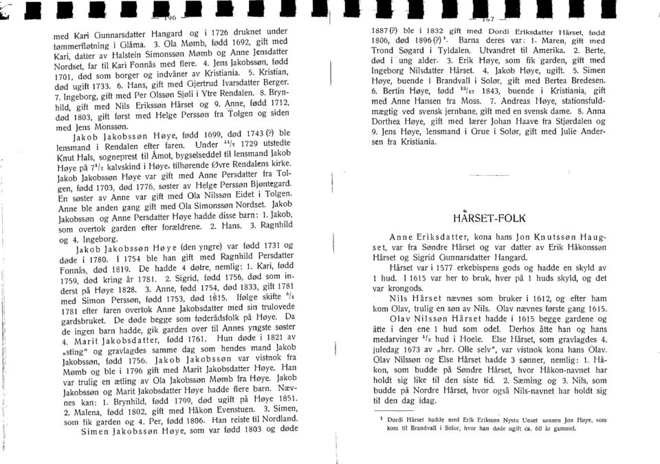 5. Kristian, død ugift 1733. 6. Hans, gift med Gjertrud Ivarsdatter Berger. 7. Ingeborg, gift med Per Olssøn Sjøli i Vtre Rendalen. 8. Brynhild, gift med Nils Erikssøn Hårset og 9.