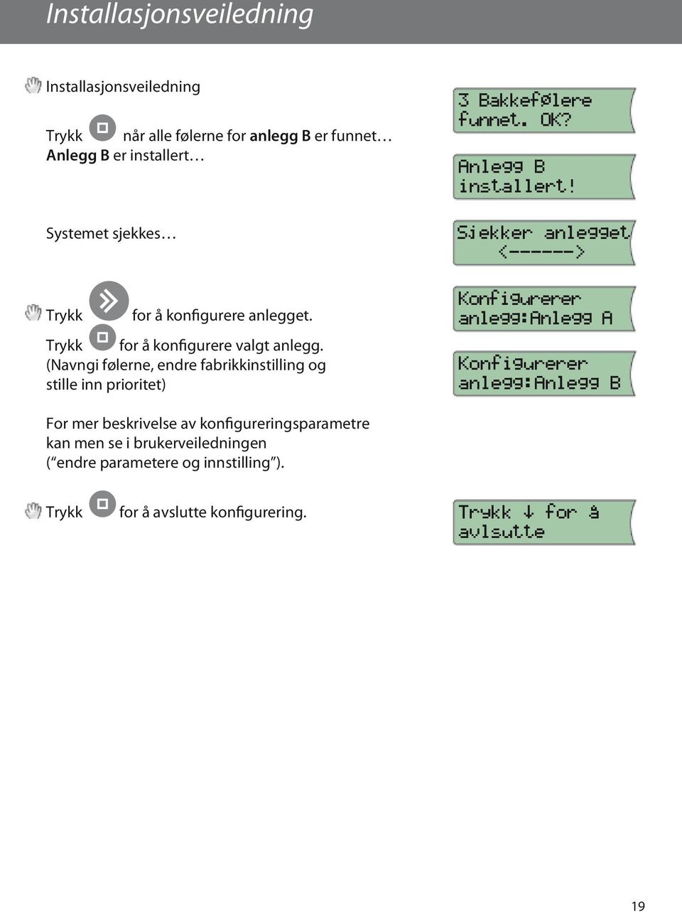 (Navngi følerne, endre fabrikkinstilling og stille inn prioritet) 3 Bakkef lere funnet. OK? Anlegg B installert!