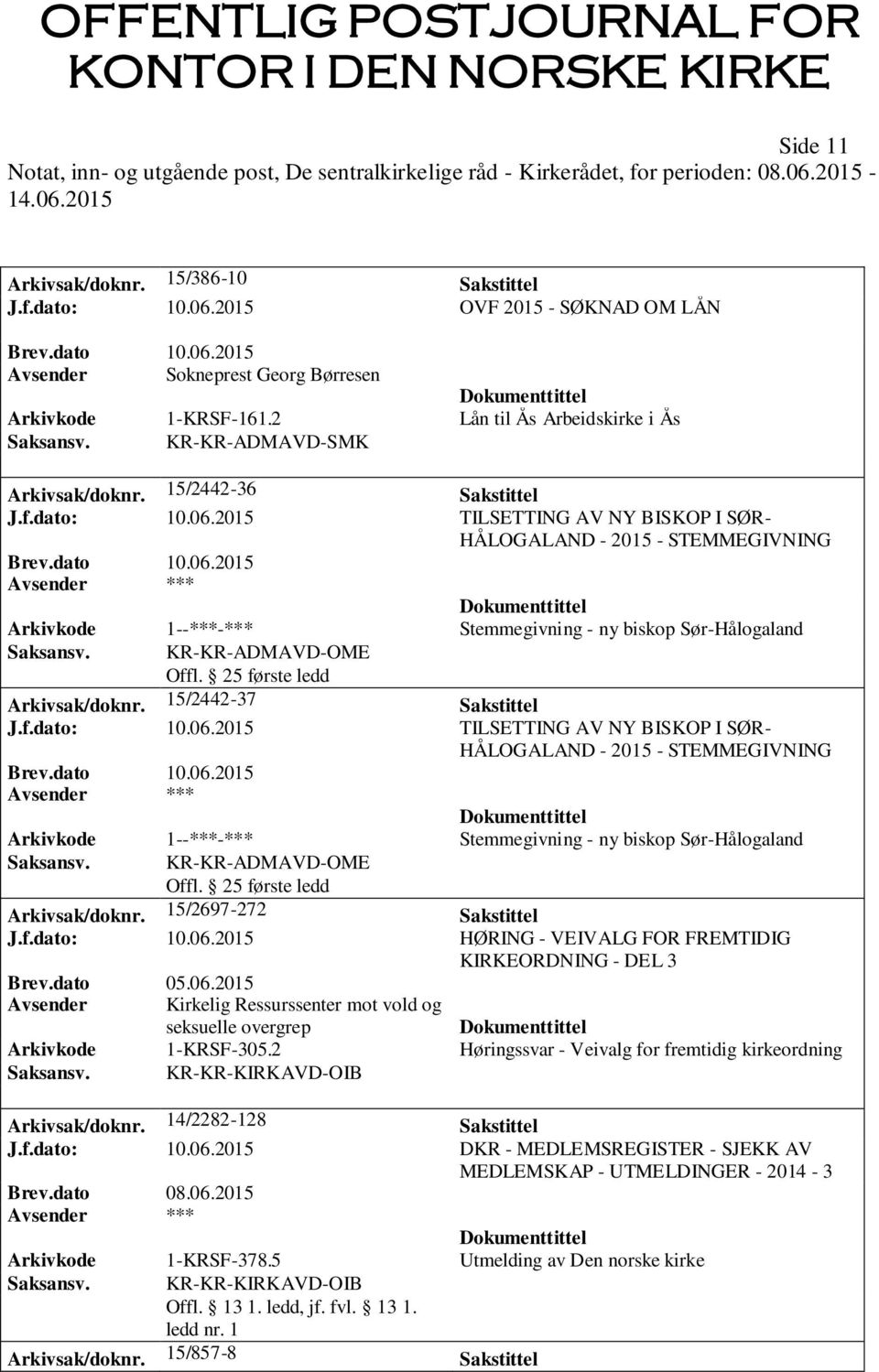 2015 TILSETTING AV NY BISKOP I SØR- HÅLOGALAND - 2015 - STEMMEGIVNING Arkivkode 1--***-*** Stemmegivning - ny biskop Sør-Hålogaland Saksansv. KR-KR-ADMAVD-OME Offl. 25 første ledd Arkivsak/doknr.