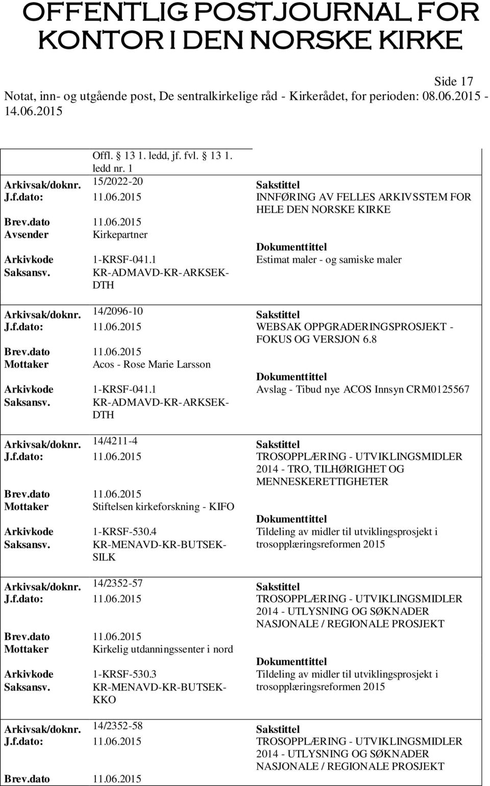 14/2096-10 Sakstittel J.f.dato: 11.06.2015 WEBSAK OPPGRADERINGSPROSJEKT - FOKUS OG VERSJON 6.8 Mottaker Acos - Rose Marie Larsson Arkivkode 1-KRSF-041.