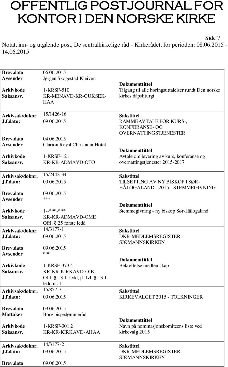 2015 RAMMEAVTALE FOR KURS-, KONFERANSE- OG OVERNATTINGSTJENESTER Brev.dato 04.06.2015 Avsender Clarion Royal Christania Hotel Arkivkode 1-KRSF-121 Avtale om levering av kurs, konferanse og Saksansv.