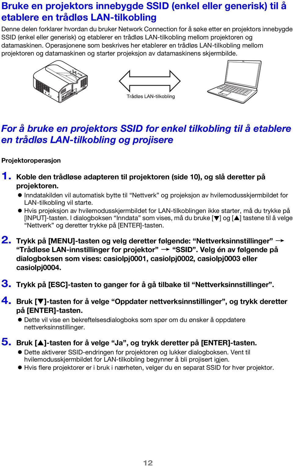 Operasjonene som beskrives her etablerer en trådløs LAN-tilkobling mellom projektoren og datamaskinen og starter projeksjon av datamaskinens skjermbilde.