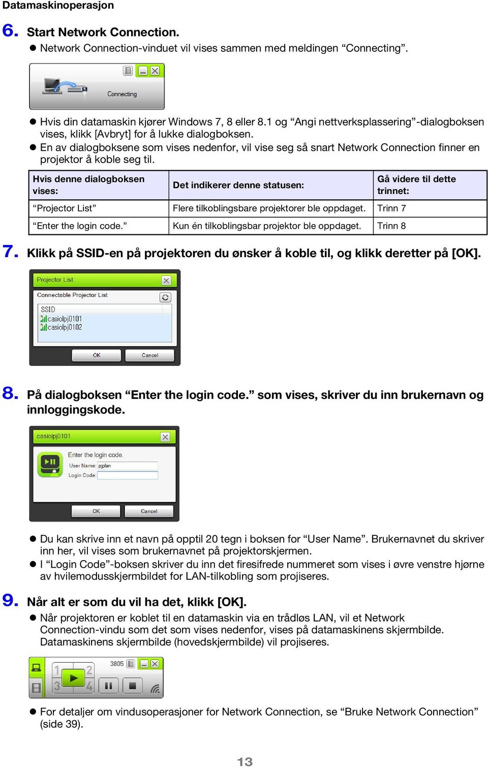 En av dialogboksene som vises nedenfor, vil vise seg så snart Network Connection finner en projektor å koble seg til.