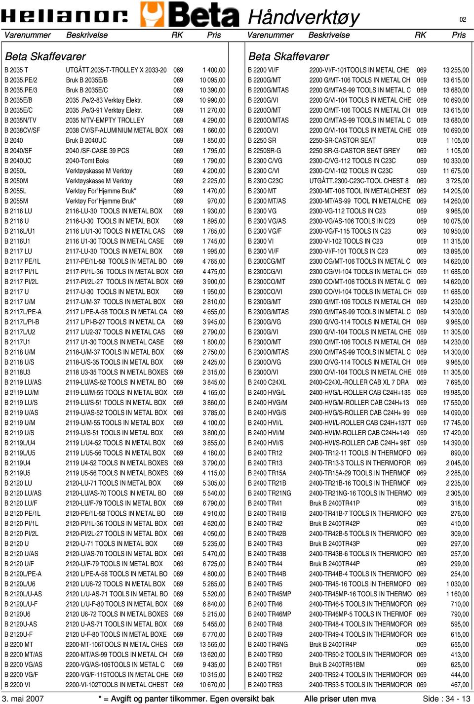 069 11 270,00 B 2035N/TV 2035 N/TV-EMPTY TROLLEY 069 4 290,00 B 2038CV/SF 2038 CV/SF-ALUMINIUM METAL BOX 069 1 660,00 B 2040 Bruk B 2040UC 069 1 850,00 B 2040/SF 2040 /SF-CASE 39 PCS 069 1 795,00 B