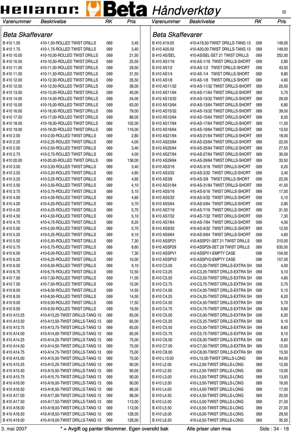 00 410-12,00-ROLLED TWIST DRILLS 069 35,50 B 410 12.50 410-12,50-ROLLED TWIST DRILLS 069 38,00 B 410 13.00 410-13,00-ROLLED TWIST DRILLS 069 40,00 B 410 14.